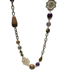 Handcrafted Beaded Gold Tone Chain Necklace Mixed Beads Decorative Charms Women